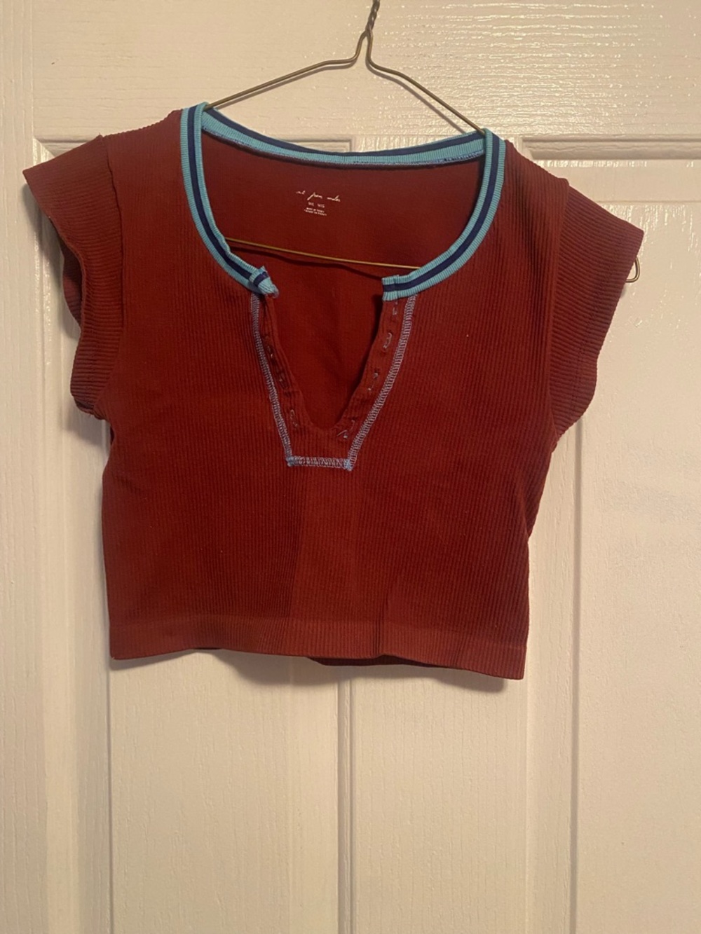 Ribbed Crop Top with Contrast Trim - Rust